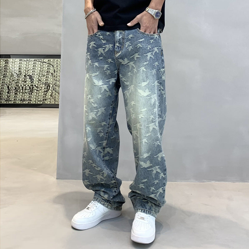 Men's Personalized Bird Jacquard Embroidery Denim Straight-leg Pants