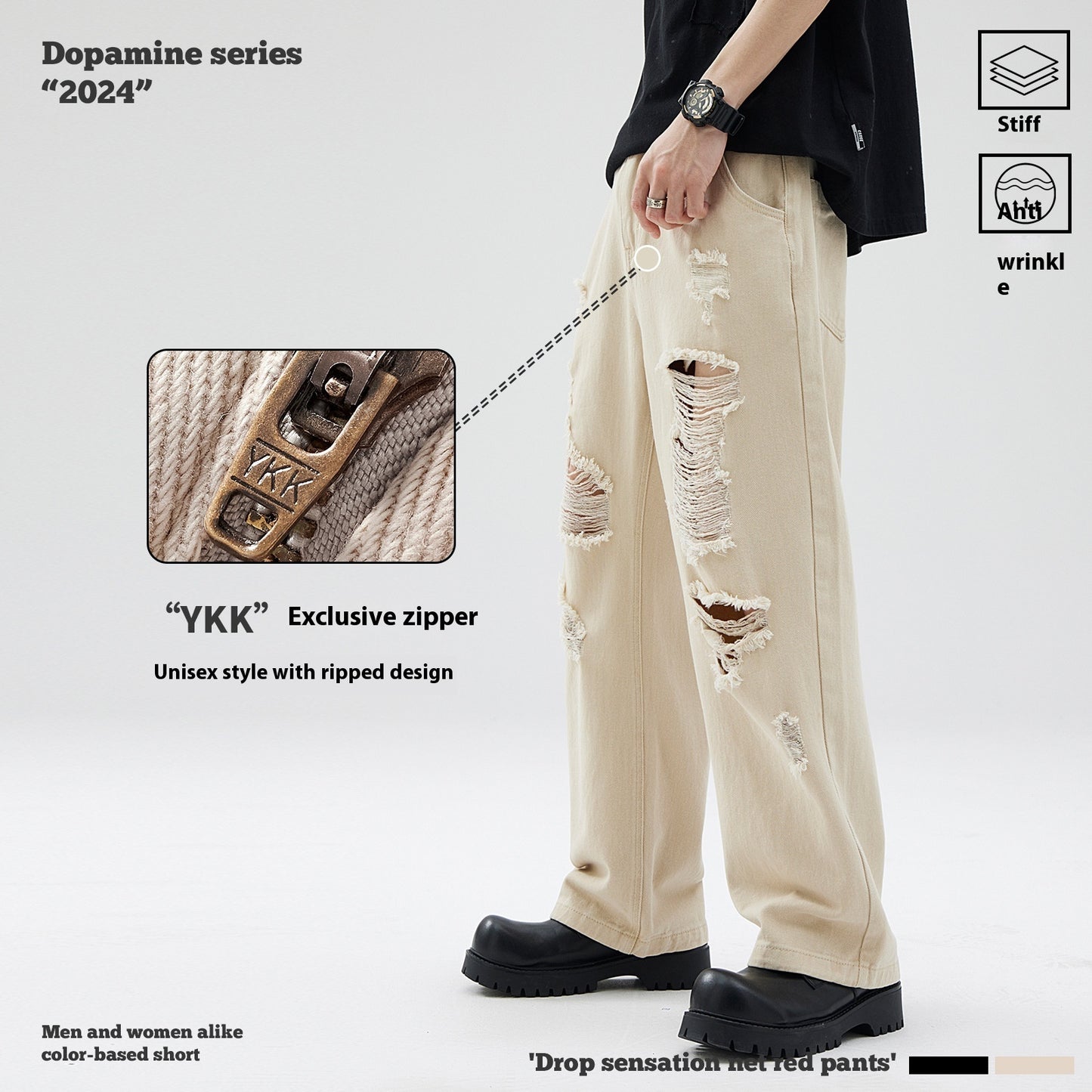 Zipper Ripped Casual Pants Men's Cotton Trousers