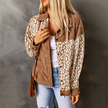 Women's Corduroy Jacket Leopard Splicing Jacket