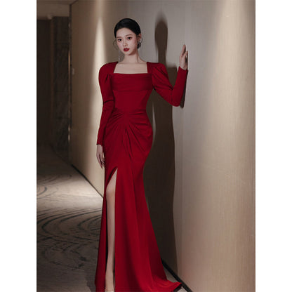 Bride Fishtail Square Collar Long Sleeve Design Simple Satin Evening Dress