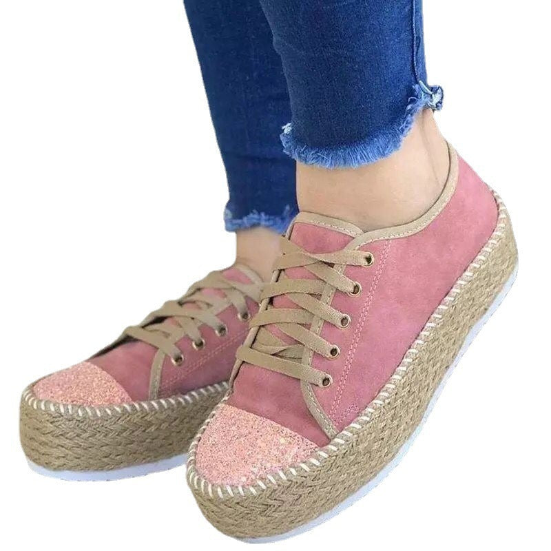 Sponge Cake Twine Bottom Sequined Lace-up Platform Fisherman Shoes