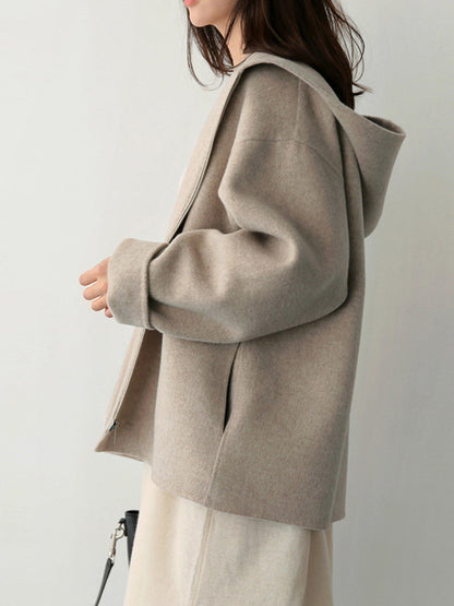 Autumn And Winter Korean Style Hooded Woolen Coat Women