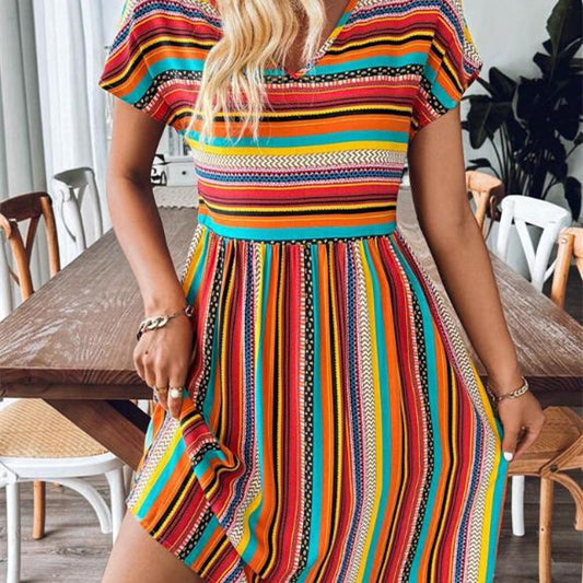 Summer New European And American Women's Clothing Color Striped Batwing Sleeve Dress