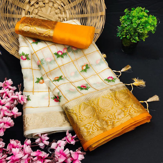 Pure Jaqucard weaving orgenza silk all over saree with embroidery work with fancy tassels