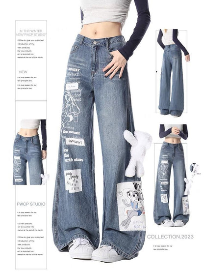 Cartoon Rabbit Print Loose Straight Casual Wide-leg Pants