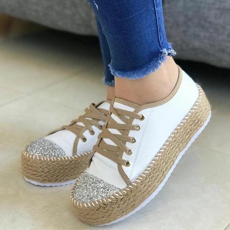 Sponge Cake Twine Bottom Sequined Lace-up Platform Fisherman Shoes