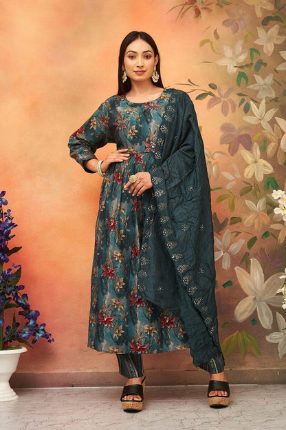 Pure Viscose Chanderi print With Heavy Embroidery Work Anarkali Suit