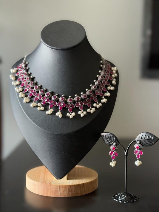 Silver Oxidized Ruby Stone and Pearl Necklace Set