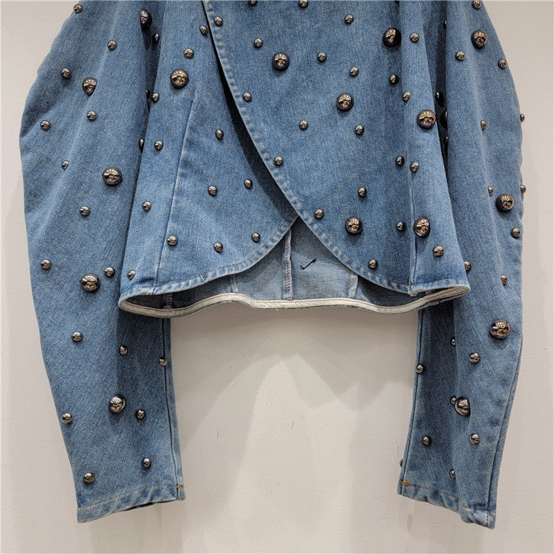 Design Sense Heavy Industry Fashion Wire Nail Rivet Puff Sleeve Cropped Denim Top