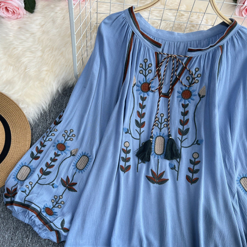 Embroidery Slimming Doll Top Female Round Neck Pullover Shirt