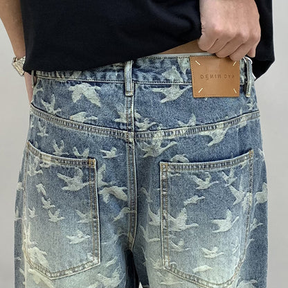 Men's Personalized Bird Jacquard Embroidery Denim Straight-leg Pants