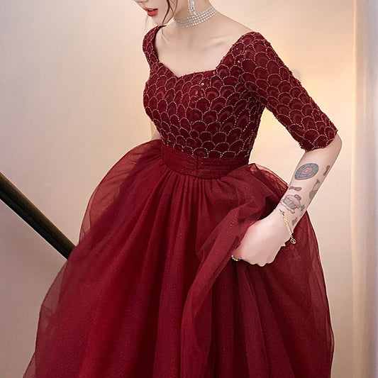 Wine Red Engagement Back Door Evening Dress Female Long Sleeve