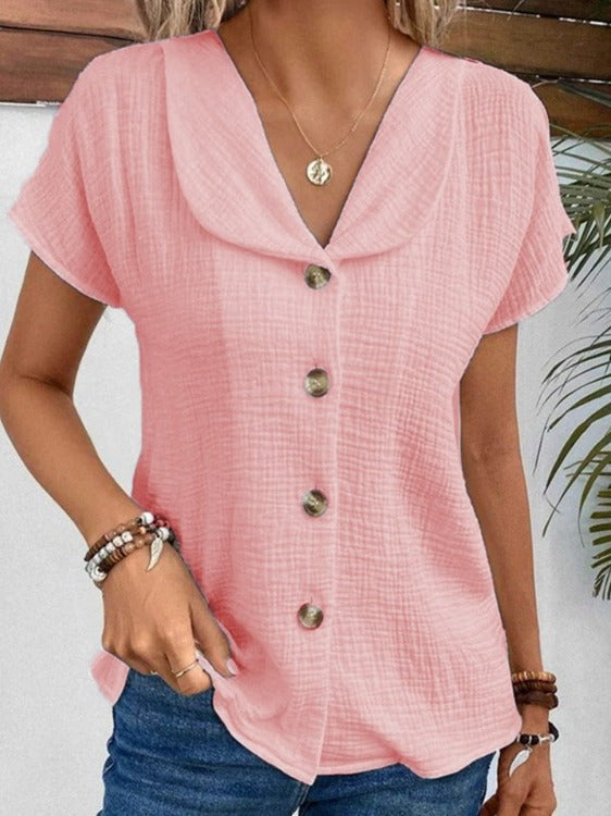 Summer Solid Color Fashion Short-sleeved Cardigan Button Women's Top