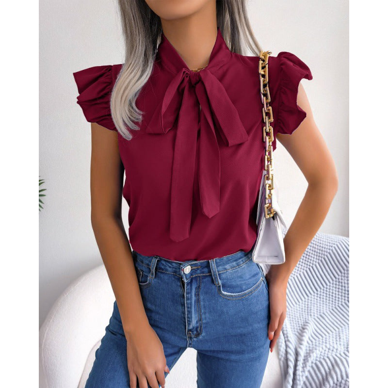 Summer Solid Color Minimalist Bowknot Short Sleeve Shirt