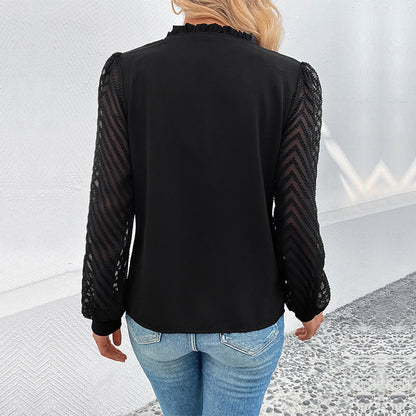 Women's Shirt Lace Stitching Long Sleeve Hot French Style V-neck Buckle Top