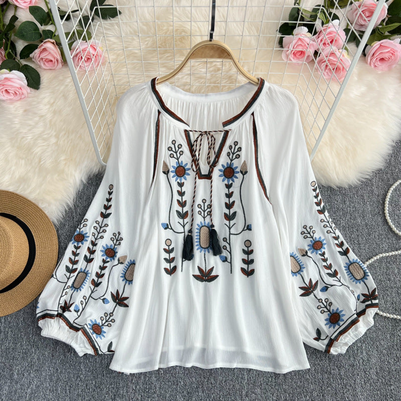 Embroidery Slimming Doll Top Female Round Neck Pullover Shirt