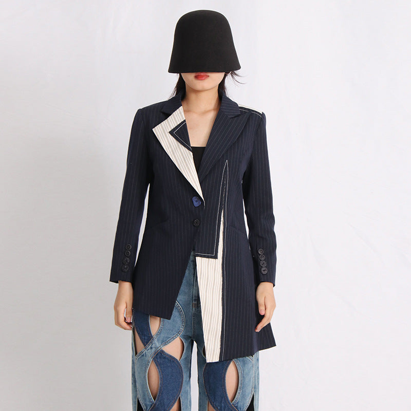 Irregular Fashion Design Sense Patchwork Stripes Coat Tight Waist Slimming Commuting Style Suit Jacket