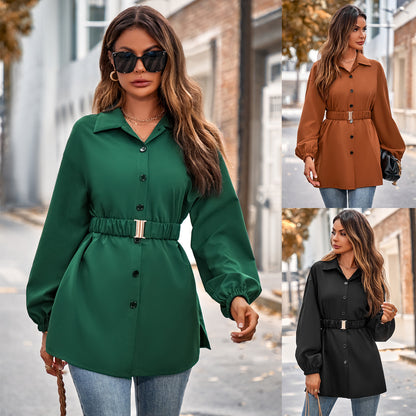 Single Breasted Belt Shirt Coat Women