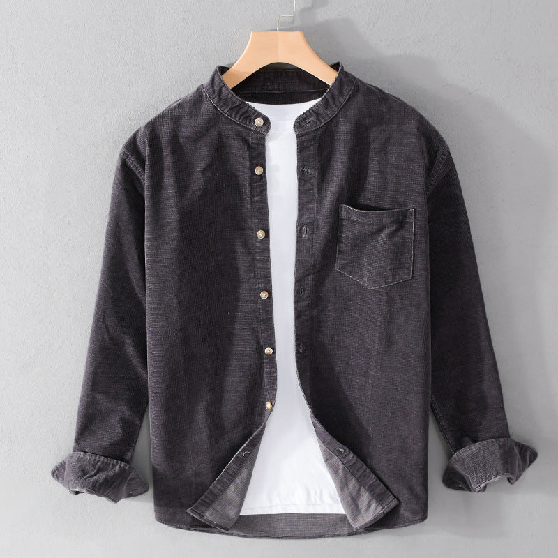 Men's Casual Stand Collar Retro Corduroy Long-sleeved Shirt