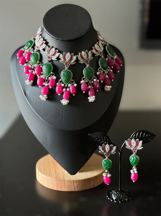 Pink and Green Oxidized Necklace Set