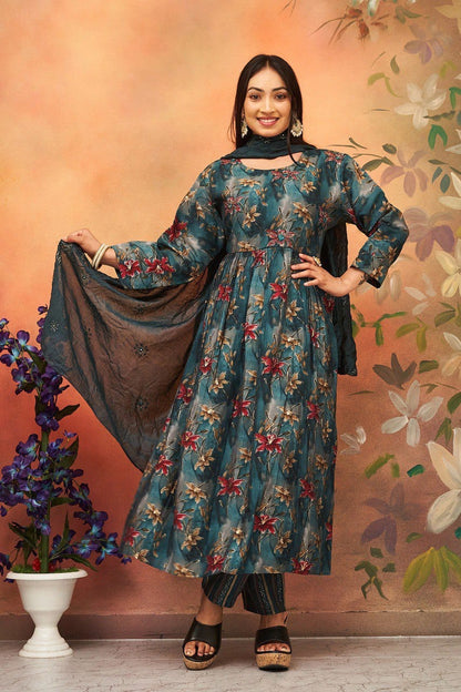 Pure Viscose Chanderi print With Heavy Embroidery Work Anarkali Suit