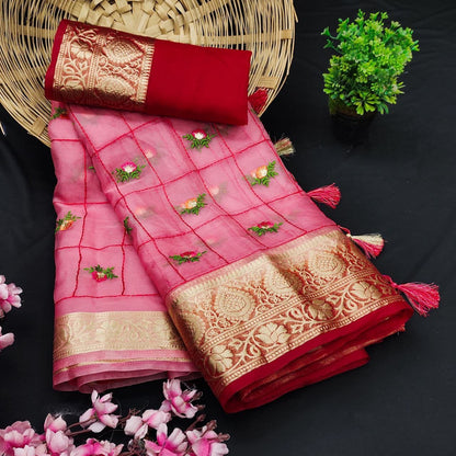 Pure Jaqucard weaving orgenza silk all over saree with embroidery work with fancy tassels