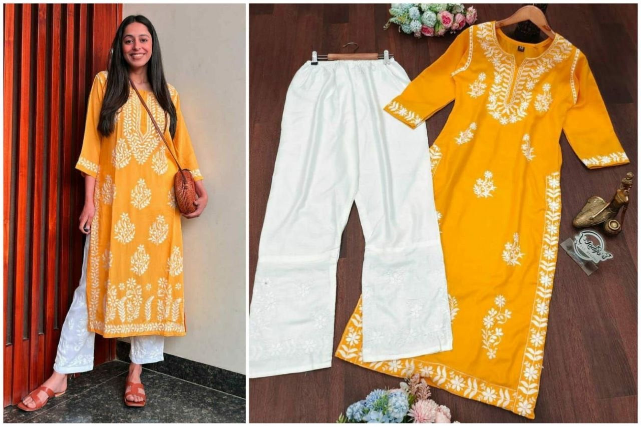 Rayon with embroidery work Kurta and Pant Set