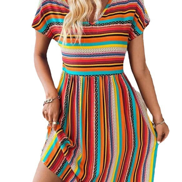 Summer New European And American Women's Clothing Color Striped Batwing Sleeve Dress