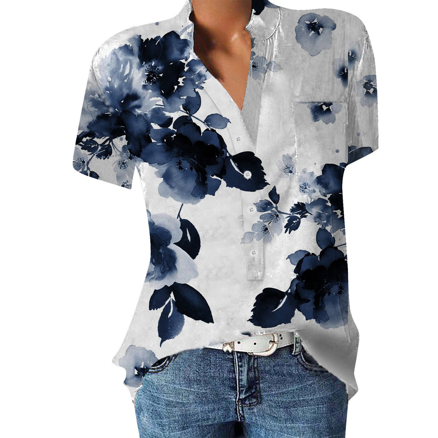 Women's V-neck Floral Print Short-sleeved Shirt