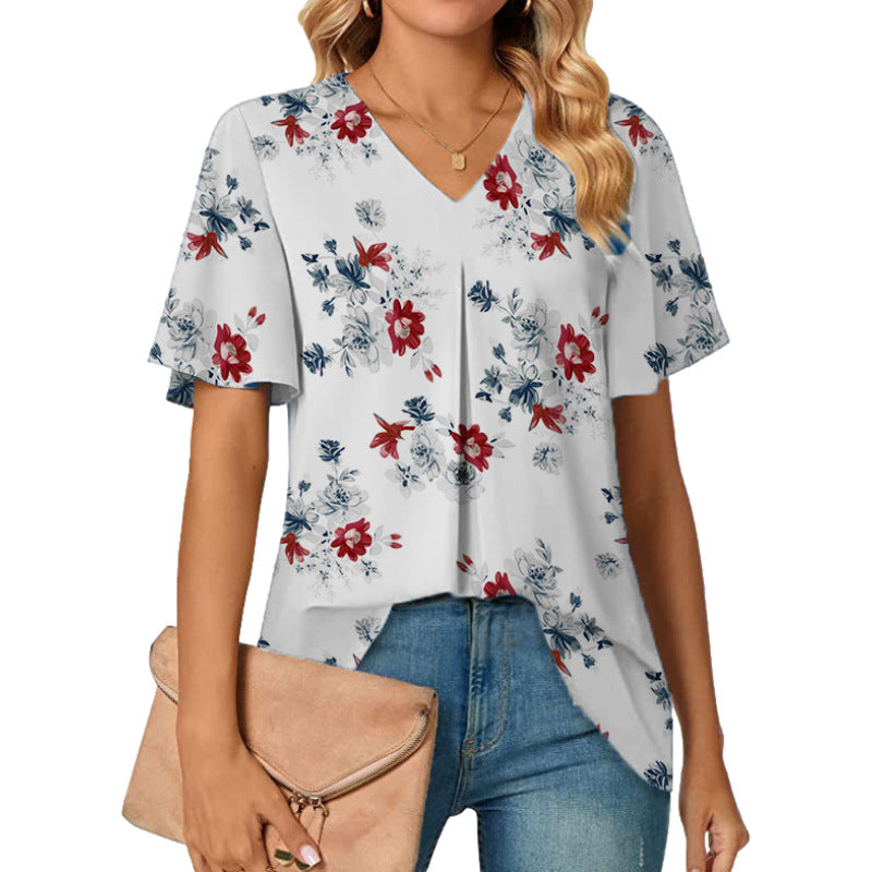 Women's V-neck Flower Print Short Sleeve