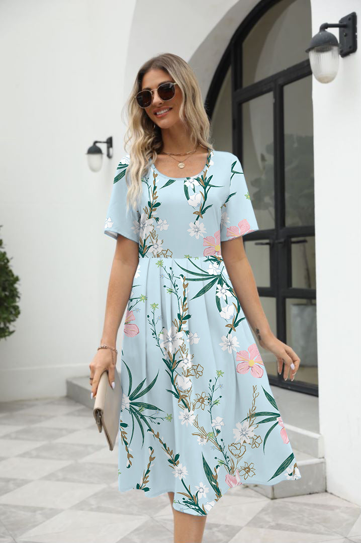 Women's Fashionable Elegant Printed Round Neck Short Sleeve Dress