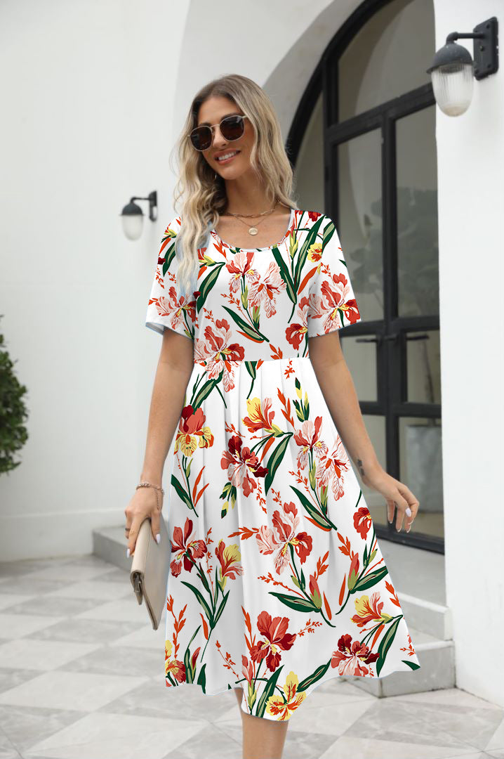 Women's Fashionable Elegant Printed Round Neck Short Sleeve Dress