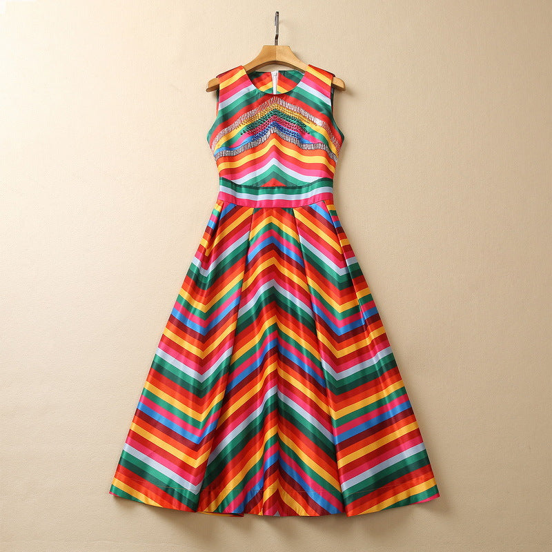 Heavy Industry Bead Tube Rhinestone Rainbow Large Swing Dress