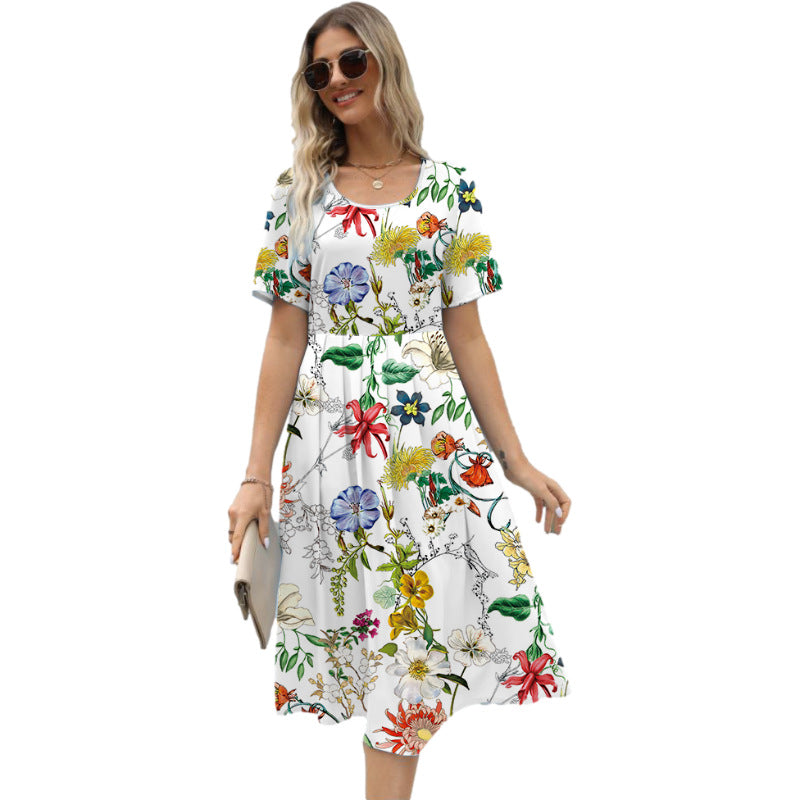 Women's Fashionable Elegant Printed Round Neck Short Sleeve Dress