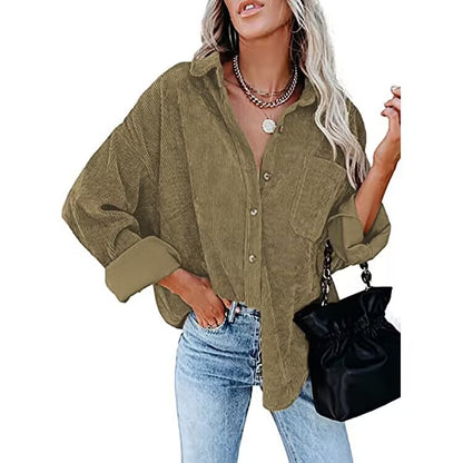 Women's Shirt Solid Color Polo Collar Corduroy Casual Coat