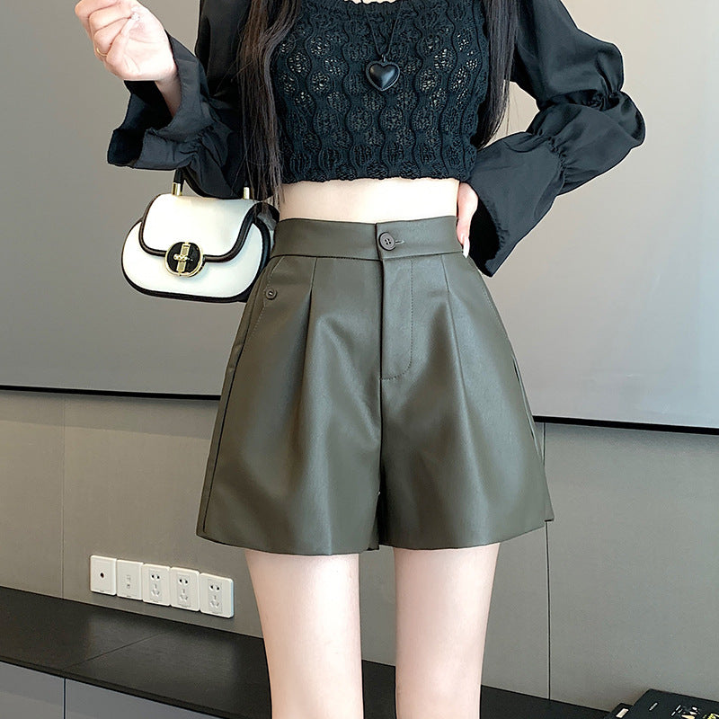 High Waist Casual Pants Brown Loose Wide-leg Leather Pants