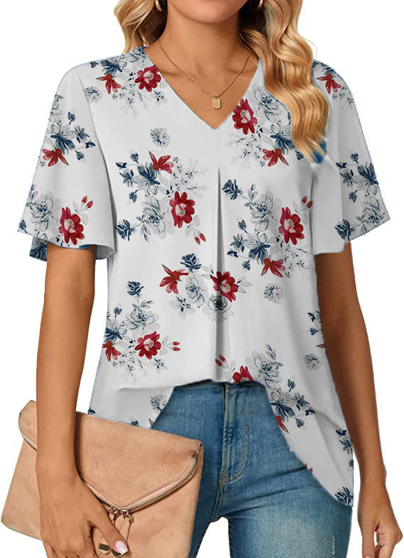 Women's V-neck Flower Print Short Sleeve