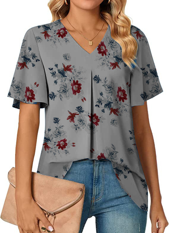 Women's V-neck Flower Print Short Sleeve