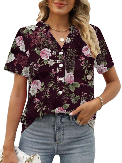 Women's V-neck Floral Print Short-sleeved Shirt