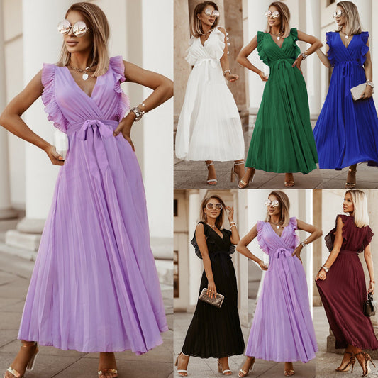 European And American Elegant Beach Fashion Slim Sexy Ruffle Sleeve Chiffon Solid Color Dress