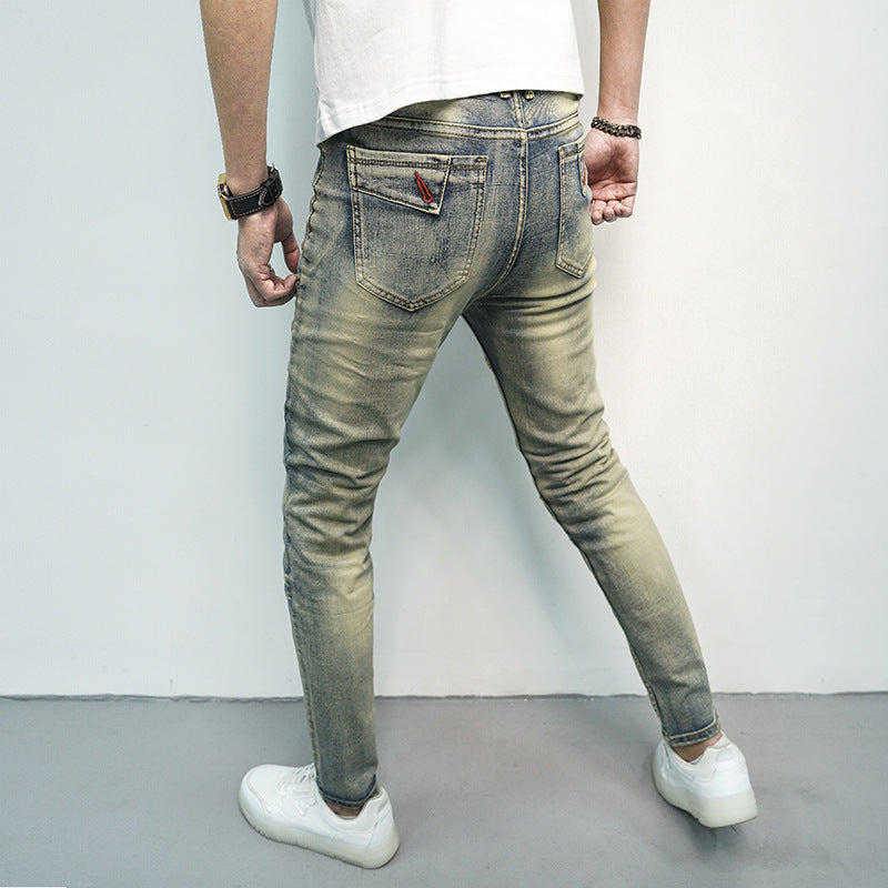 Spring And Summer All-matching Elastic Stitching Skinny Fashion And Handsome Zipper Decorations Men's Jeans