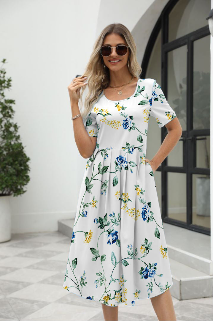 Women's Fashionable Elegant Printed Round Neck Short Sleeve Dress