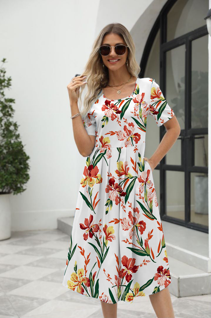 Women's Fashionable Elegant Printed Round Neck Short Sleeve Dress