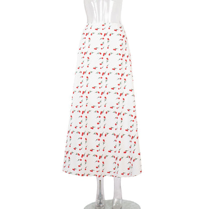 Spring Elegant High Waist A- Line Fishtail Cherry Printed Dress