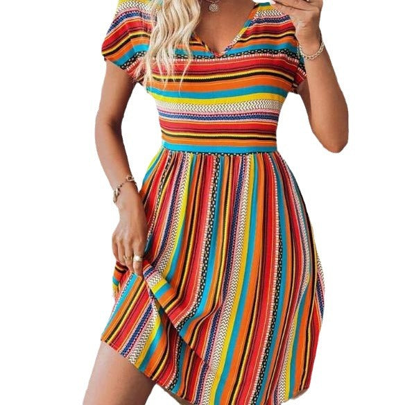 Summer New European And American Women's Clothing Color Striped Batwing Sleeve Dress