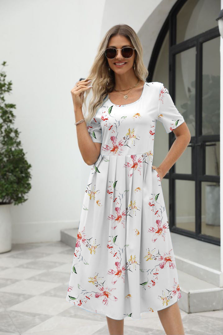 Women's Fashionable Elegant Printed Round Neck Short Sleeve Dress