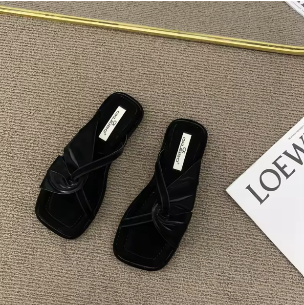 Fashion flat square toe cross slipper sandals for women