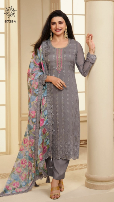 Designer Embroidered Organza Plazzo Suit Material