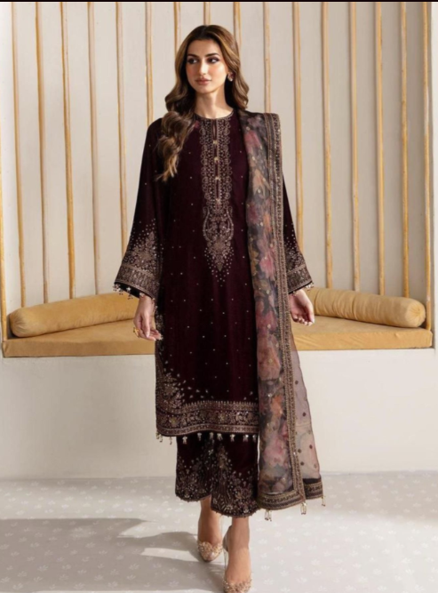 Heavy Pure Viscose Velvet With Embroidery Work Suit