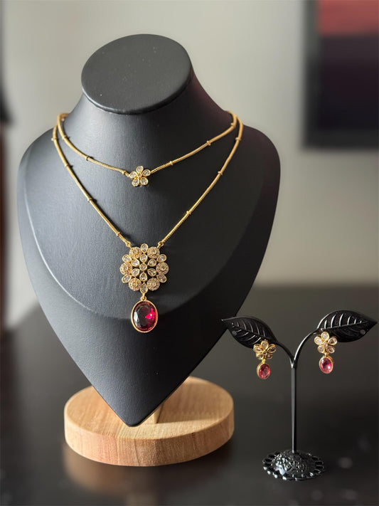 Ruby and Emerald Gold Plated Two Layer Necklace Set